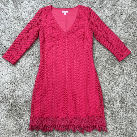 Lilly Pulitzer Dress Womens Size Small Magenta Open Weave Crochet 3/4 Sleeve - Picture 1 of 14
